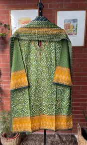 Pakistani Bin Saeed Cotton Stitched 3pcs _ Olive Green 