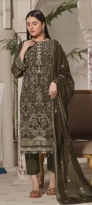 Pakistani Bin Hameed By Rana Arts Fully Stitched Luxury Chiffon 3Pcs _ Dark Olive 