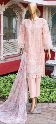 Pakistani Original Bin Saeed Luxury Lawn Embroidered & Chikankari Stitched 3Pcs _ Peachy Pink 