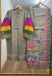 Pakistani Original Cotton Stitched 3Pcs _ Dark Beige 