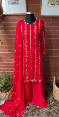 Pakistani Rangoon Chiffon Stitched 3pcs _  Red 