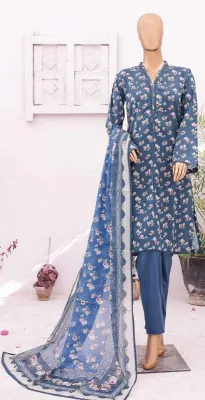 Pakistani Original Bin saeed Stitched Cotton 3pcs_Deep Sea Blue