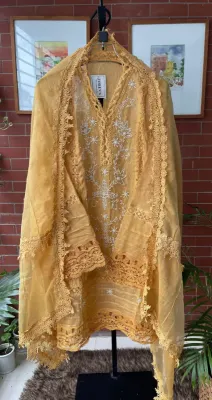 Pakistani Cotton Net Semi Stitched 2pcs _ Mustard Yellow 