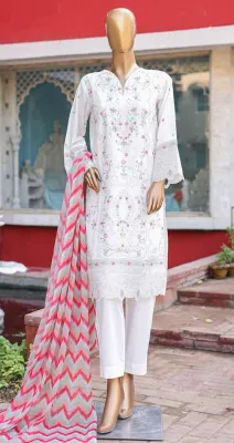 Pakistani Original Bin Saeed Luxury Lawn Embroidered & Chikankari Stitched 3Pcs _ White 