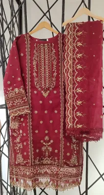 Pakistani Original Sadabahar Luxury Organza Stitched 3Pcs _ Deep Maroon 