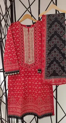 Original Sadabahar Chunri Lawn Stitched 3Pcs _ Red  