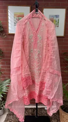 Pakistani Cotton Net Semi Stitched 2pcs _ Peachy Pink 