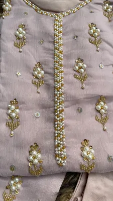 Pakistani Handwork Chiffon Stitched 3Pcs _ Deep Beige