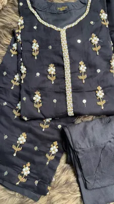 Pakistani Handwork Chiffon Stitched 3Pcs _ Black 