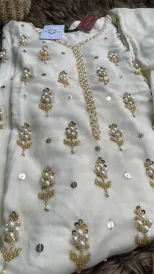 Pakistani Handwork Chiffon Stitched 3Pcs_Off White