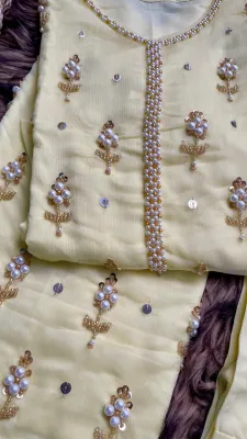 Pakistani Handwork Chiffon Stitched 3Pcs_ Baby Yellow