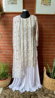 Pakistani Rangoon Chiffon Stitched 3pcs _ White 