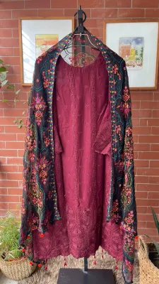 Pakistani Original Schick Stitched Lawn 3pcs _ Maroon 