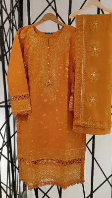 Pakistani Sadabahar Luxury Cotton Stitched 3Pcs _ Mustard 