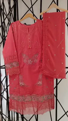 Original Sadabahar Lawnkari Stitched 3pcs _ Coral Pink