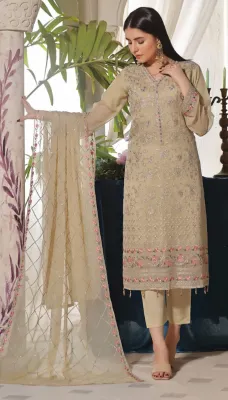 Pakistani Bin Hameed By Rana Arts Fully Stitched Luxury Chiffon 3Pcs _ Golden Beige 