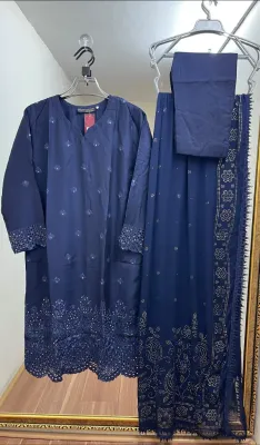 Pakistani Viscose Silk Stitched 3Pcs _ Midnight Blue