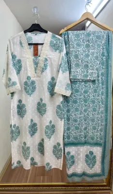 Original Indian Jaipuri Stitched 3pcs _ White & Mint  