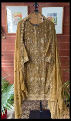 Pakistani Chiffon Stitched 3Pcs _ Golden Brown