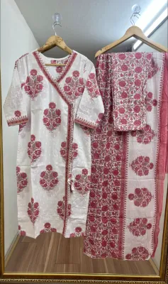 Original Indian Jaipuri Stitched 3pcs _ White & Pink 