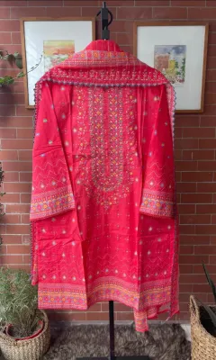 Pakistani Bin Saeed Cotton Stitched 3pcs _ Coral  Red 