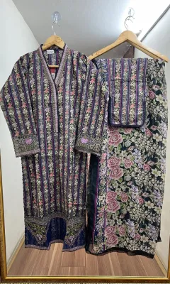 Pakistani Original Polawn Embroidered Stitched 3Pcs_Navy Blue 