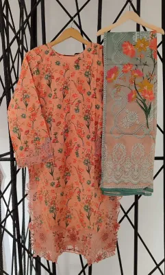 Pakistani Original Bin saeed Stitched Cotton 3pcs_Peach