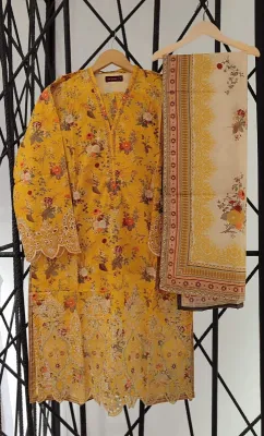 Pakistani Original Binsaeed Stitched Cotton 3pcs_Mustard