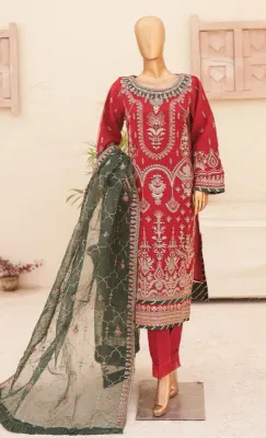 Pakistani Original Bin Saeed Luxury Organza Stitched 3Pcs _ Maroon 