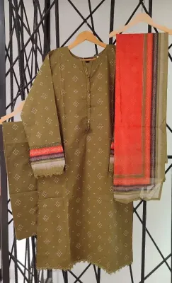 Pakistani Original Sadabahar Cotton Stitched 3Pcs _ Dark Olive 