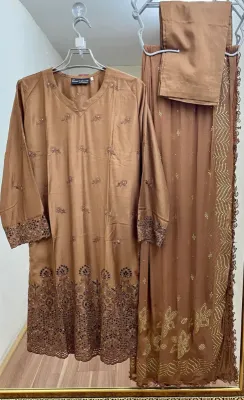 Pakistani Viscose Silk Stitched 3Pcs _ Brown