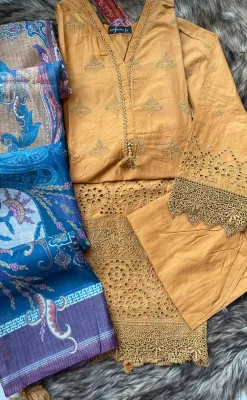 Pakistani Sadabahar Chichenkari Stitched 3Pcs _ Mustard