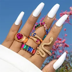 5 Pcs Multi Colour Heart Snake Ring Set 