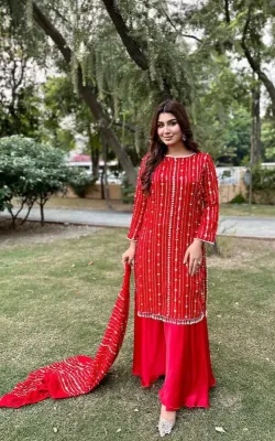 Pakistani Rangoon Chiffon Stitched 3pcs _ Red