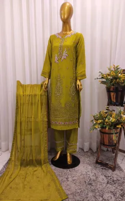 Pakistani Chiffon Stitched 2Pcs _ Olive 