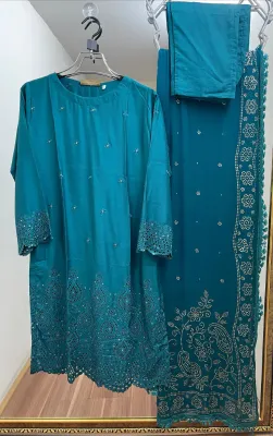 Pakistani Viscose Silk Stitched 3Pcs _ Sea Green 