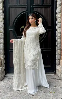 Pakistani Rangoon Chiffon Stitched 3pcs _ White 