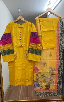 Pakistani Original Cotton Stitched 3Pcs _ Mustard Yellow  