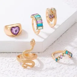 5 pcs Snake Multi Stone Heart Ring Set