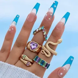 5 pcs Snake Multi Stone Heart Ring Set