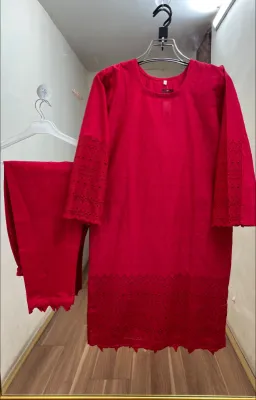 Pakistani Cotton Chikankari Coords Set by M.I.Creation _ Red 