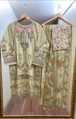 Pakistani Original Polawn Embroidered Stitched 3Pcs_Beige