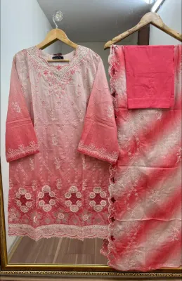 Pakistani Bin Saeed Tie & Dye Lawn Luxury Formal 3Pcs _ Pink   Beige