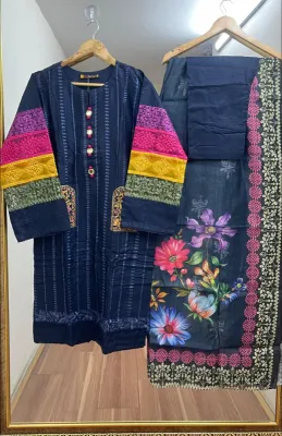 Pakistani Original Cotton Stitched 3Pcs _ Navy Blue 