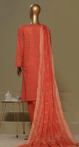 Pakistani Original Bin Saeed Cotton Chickankari Stitched 3Pcs_ Coral Red 