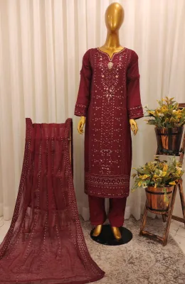 Pakistani Chiffon Stitched 2Pcs _ Maroon 