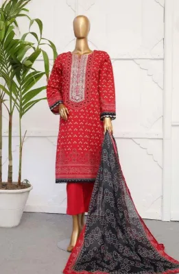 Original Sadabahar Chunri Lawn Stitched 3Pcs _ Red  