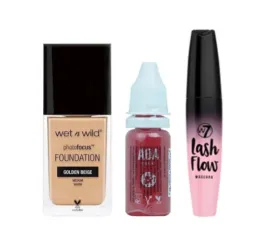 Wet n Wild Foundation - Golden Beige & AOA Blush Drops - Hottie & W7 Mascara - Blackest Black 15ml Combo