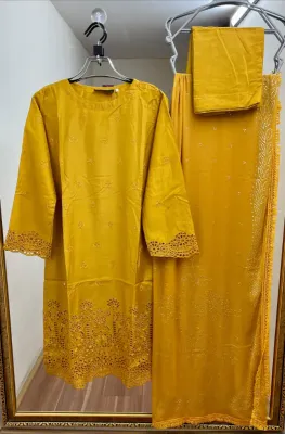 Pakistani Viscose Silk Stitched 3Pcs _ Mustard 