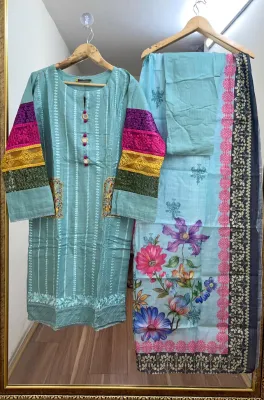 Pakistani Original Cotton Stitched 3Pcs _ Ligth Aqua 